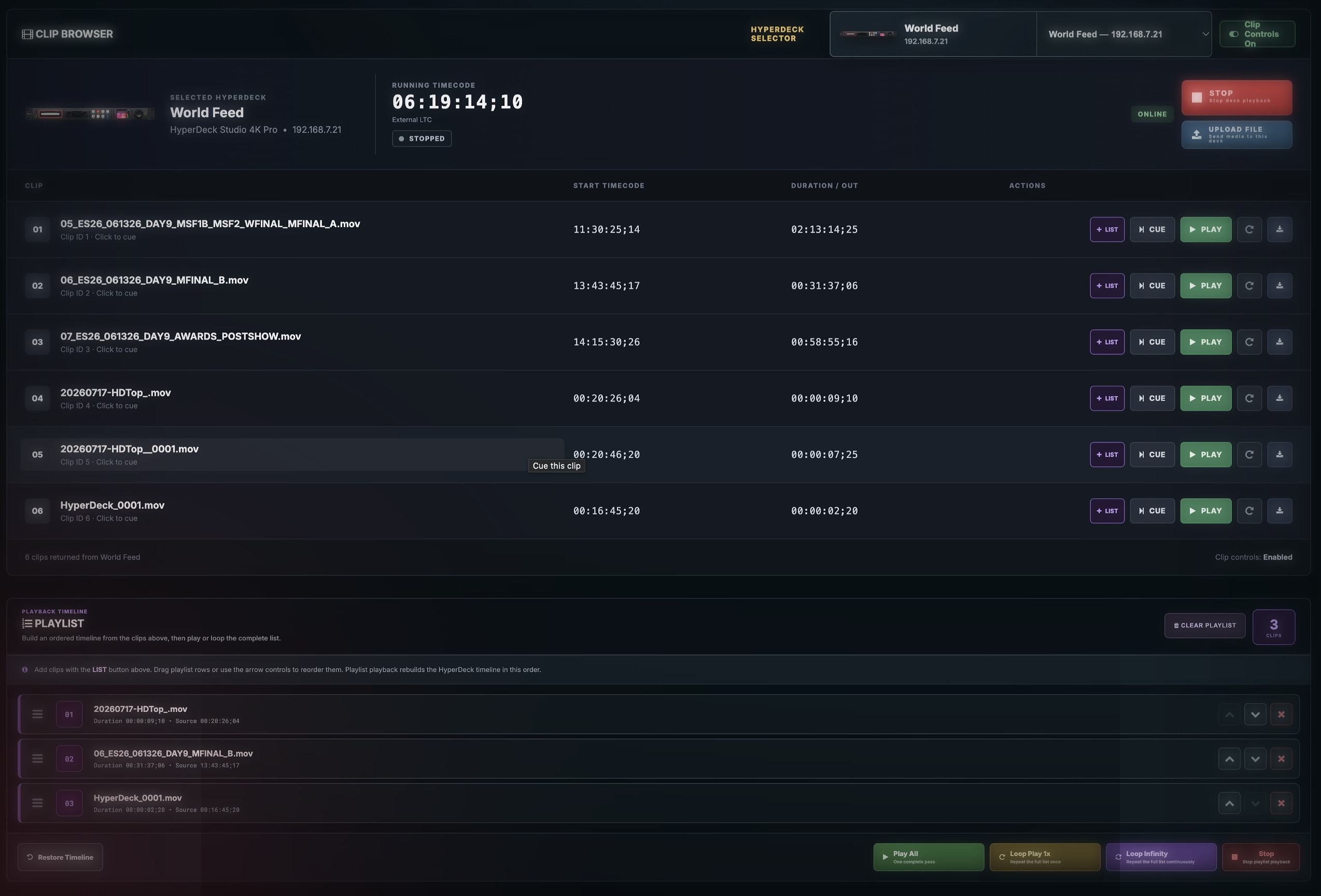 Clip playback and playlist interface