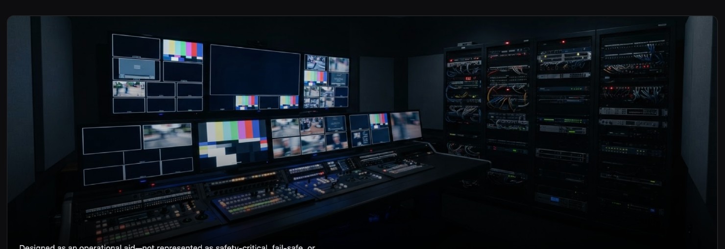 Dark broadcast control room with production monitors and equipment racks